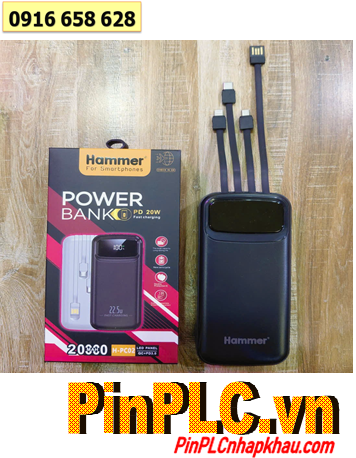 HAMMER H-PC02 PowerBank Pin dự phòng 20 000mAh 74Wh (22.5W Super Fast Charge QC 3.0, LED LCD, 04 dây cáp)